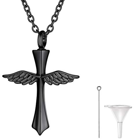 Richsteel DIY Cruz Ala de Ángel Guardapelo Negro Relicario Perfume Colgante para cenizas Urna cremación Amor Querido Recuerdo cerca de Corazón, Cadena Acero inoxidable Hombre Mujer Ajustable