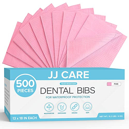 JJ CARE Dental Bibs [Pack of 500] - 13 x 18 Pink Dental Bibs, 3 Ply Waterproof Dentist Bibs, Dental Bibs Disposable for Eyelash Extension, Patient Bibs for Nail Art, Dental Napkins for Piercing