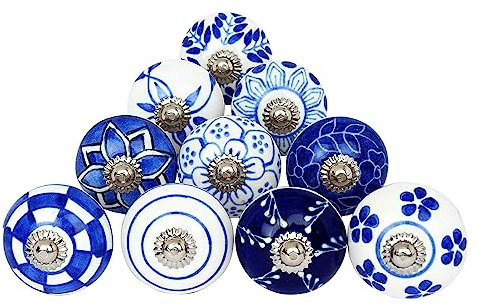 Ajuny 10er Set Keramikknöpfe – Blau Weiße Handgefertigte Möbelgriffe für Küchenschränke, Türen, Kommoden, Schubladen – Glänzende Dekorative Keramikknäufe und Möbelbeschläge