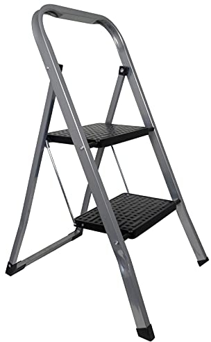 Klappleiter 2 Stufen 150kg Klappbar Leicht Schmal Klapptritt Klappleiter Trendyshop365, Silber-schwarz