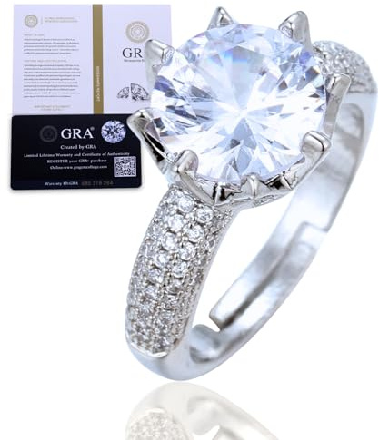 HALUKAKAH Anillo para Mujer con Moissanita D5,0 ct Plata de Ley 925 Baño en Platino con Certificado,Diamantes de Laboratorio Etéreos en Redondo Engaste Garras,para Compromisos,Bodas,Talla Ajustable