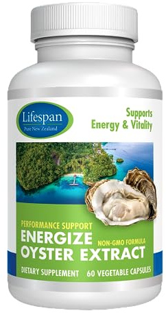 Energize Oyster Extract, Highly Concentrated Supplement for Men & Women - Zinc, Taurine, Amino Acid, Supports Wellbeing and Energy - 500mg, 60 Veg Capsules by Lifespan