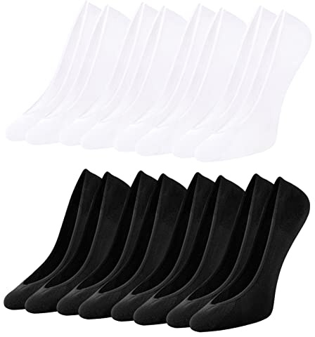 Lot de 8 Paires Chaussette Femme Invisibles, Chaussettes Basse Courtes Protège-Pied pour Femmes Socquettes Respirantes de Ballerine avec Bandes Antidérapantes en Silicone en Coton Noir Blanc