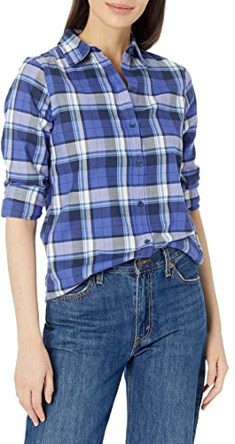Amazon Essentials Chemise en Flanelle à Carreaux Légère, Manches Longues, Coupe Classique Femme, Bleu Gris Bleu Marine Écossais, XXL