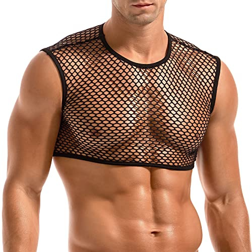 Amy Coulee Men's Fishnet Crop Top Sexy Mesh Vest See Through Sleeveless Shirts Muscle Tank Top Novelty Party Clubwear (Black, M)