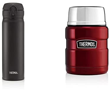 Thermos Super Light Direct Drink Flask, Matt Black, 470 ml & 184807 Stainless King Food Flask, Cranberry Red, 0.47 L