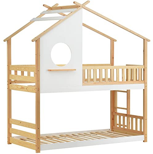 Etagenbett Hausbett,Vielseitiges Holz Kinderbett FüR Jungen & MäDchen,Jugendbett 90X200,Rausfallschutz Kinderbett Holz,Rahmen Aus Kiefernholz,Natur,Weiß