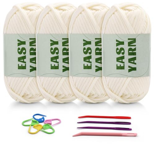 4 X 50g Dicke Wolle zum Gäkeln Easy Yarn Häkelwolle Für Anfänger | Wolle zum Häkeln Schlauchgarn zum Häkelns Häkelgarn Anfänger Häkelns Dicke Wolle gut Sichtbare Maschen Milchig Weiß