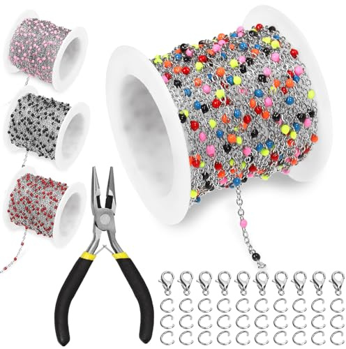 Keadic Kettengliederrollen-Set mit Edelstahl-Karabinerverschlüssen, Biegeringe und Schmuckzange, 5,2 m lange Halsketten-Ketten, 42-teiliges Set für selbstgemachte Ohrringe, Armbänder, Fußkettchen