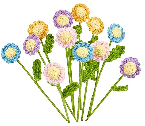 FINGERINSPIRE 12 Pezzi Uncinetto Margherite Artificiali Fatte a Mano in 4 Colori - Bouquet di Fiori Lavorati a Maglia