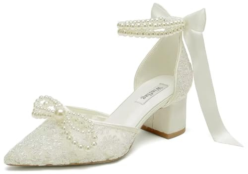 Lace Pearl Wedding Shoes for Bride Block Heel Bridal Shoes Closed Toe Wedding Heels-Ivory 2-8