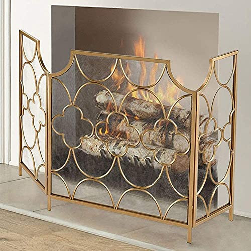 Funkenschutz gegen Feuer, Funkenschutz für Herd/Ofen/Kamin, 3-teiliger, babysicherer Kaminzaun, freistehender Funkenschutz in Gold, 130 x 32 x 76 cm The New