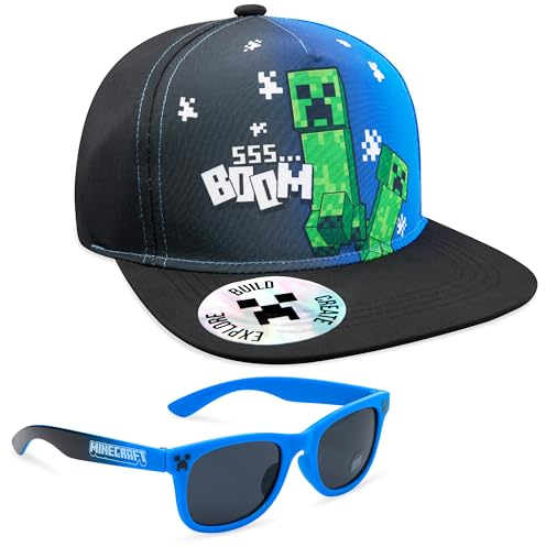 Minecraft Basecap Kinder Jungen Set Snapback Cap Kinder und Sonnenbrille UV Schutz Creeper Sonnenschutz Kappe Geschenke Jungs (6-14 Jahre, Schwarz/Blau)