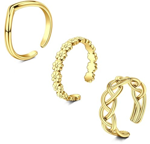 WillTen 2-4 st guld silver tåring rostfritt stål justerbar böjning öppen tåring, blompil löv enkel tunn CZ tå finger svansring sommar strand fot smycken set för kvinnor män, Metall, Kubisk zirkonia