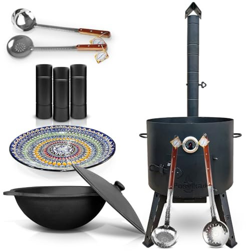 Utschak Feuerofen mit Thermometer Schornsteinverlängerung, Gusseisen Topf runder Boden mit Deckel (22 L) Schaumlöffel, Schöpfkelle, Lagan KazanoFF, Учаг, Kazan (Set 5)