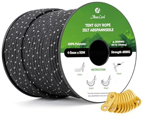 Abma Cord Campingrep 5mm 50M Tältspännlinor Reflekterande med 10St spännare | Camping, Tent, Markis, Gazebo