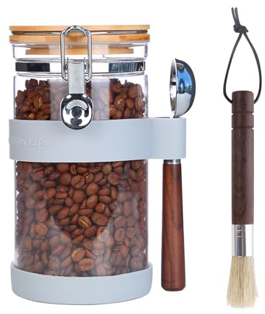 Ken's Kitchen Kaffeedose Luftdicht für 500g Kaffeepulver Glasbehälter 1,2L mit Deckel & Messlöffel - Vorratsdose für Tee, Zucker, Müsli, Kaffeebohnen aufbewahrung - grau