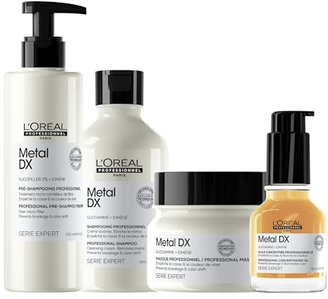 L'Oréal Professionnel Set für alle Haartypen, Beugt Haarbruch & Farbveränderungen vor, Anti-Frizz, Hitzeschutz, Mit Glicoamin & Glicofiller, Serie Expert, Metal DX Pre-Shampoo, Shampoo, Maske & Öl