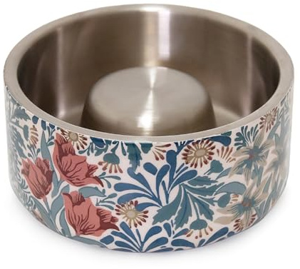 Rosewood x Morris & Co. Bower Berry Slow Feeder Bowl for Dogs, Blue, Durable Stainless Steel Dog Bowl, Aids Digestion, Dog Feeding Station, Luxury William Morris Print