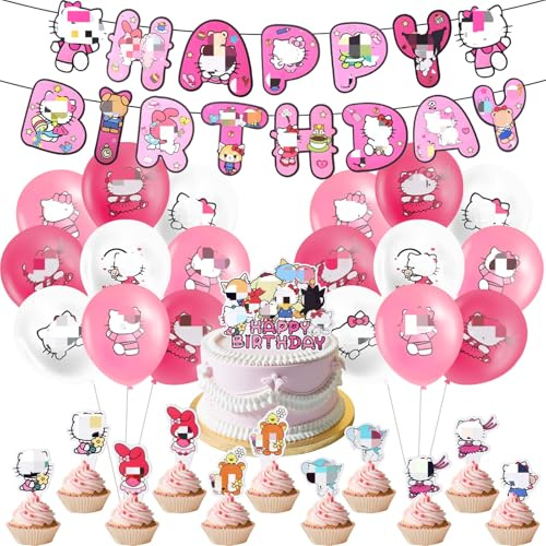 K-itty 35PCS Cat Birthday Decorations Kit - Balloons, Banner, Cake Topper for Girl Cat Theme Party Supplies