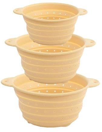 Surwin Scolapasta Pieghevole Salvaspazio, 3 Pezzi Scolapasta Silicone Verdura Cesto Scolapasta Plastica Silicone Pieghevole, per Drenare Pasta, Frutta, Verdura (Beige)