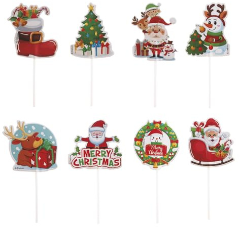 dekora - Stecchini di Natale in 8 Modelli - Topper per Decorare Cupcake, Muffin, Torte e Altri Dolci - Decorazioni Natalizie per Torte e Pasticceria - 48 Pezzi