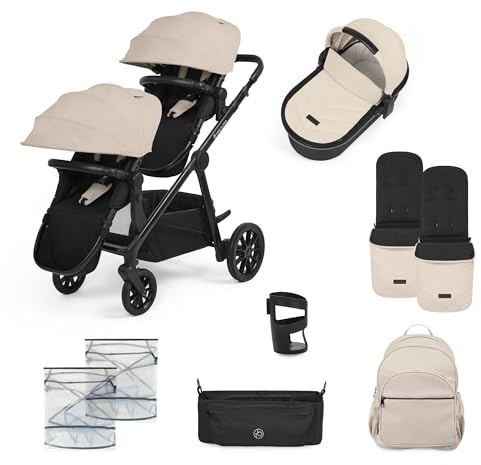 Ickle Bubba Virgo Growing Family 11-teiliger Kinderwagen - Einzel- bis Doppel-Tandem-Kinderwagen mit Babywanne, Fußsäcken, Regenschutz & Zubehör, ab Geburt geeignet (Stein)