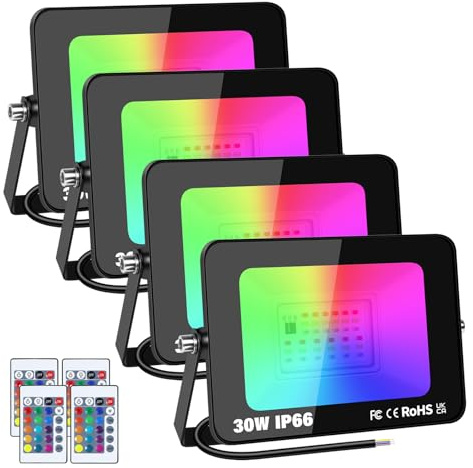 YOJZMA 4pcs 30W RGB Projecteur LED Extérieurs avec Télécommande | 16 Couleurs, 4 Modes, Fonction Mémoire, 175-265 V, IP66 Etanche, Exterieur Interieur Projecteur pour Jadin, Patio, Fête