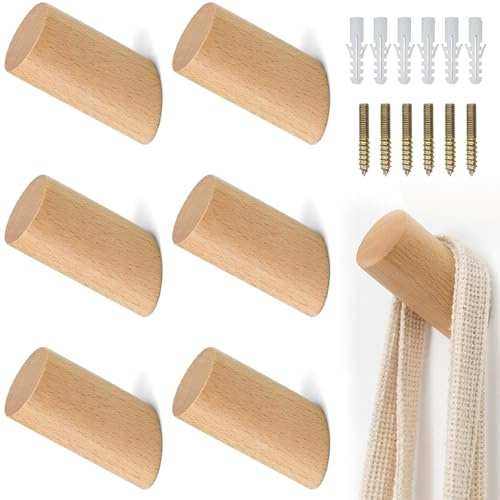 Wooden Coat Hooks, 6 Pcs 8 cm Hat Hooks for Wall Wood Hooks with Screws | Wooden Door Hooks Woodens Coat Pegs for Hanging Clothes Hat Towel