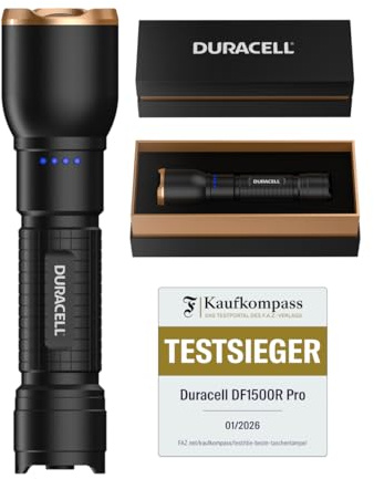 Duracell LED Taschenlampe DF1500R Pro – 1500 Lumen, fokussierbar, 145 m Leuchtweite, Outdoor & Werkstatt, USB-C wiederaufladbar, 21700 Li-Ion Akku, spritzwassergeschützt, inkl. Geschenkbox