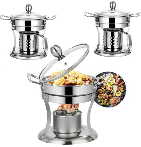 QUSYZD Plaque chauffante de Buffet 2L, Ensemble de Pot Chaud en Verre, Chauffe-Buffet en Acier Inoxydable avec Couvercle en Verre/Pot/Support d'huile/Couvercle