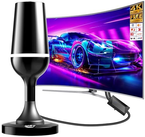 DVBT2 Antenne, zimmerantenne DVB-T & DVB-T2 Antennen mit Verstärker, Großer Reichweite und 360° Empfang, Zimmerantenne für Fernseher mit Starkem Magnetfuß, Geeignet für 4K 1080p（Schwarz - weiß）