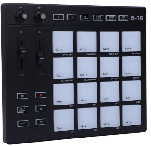 USB MIDI -Controller mit 16 Drum Pads, USB Grid Controller, 48 Anpassbare Klangquellen, 2+2 Zuweisbare Fader -Knöpfe für die Musikproduktion