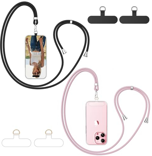 caslord Juego de 2 Cordon para Movil Universal, con 4 Parches Duraderos, Colgante para Teléfono Compatible con Todos Los Teléfonos Inteligentes y la Mayoría de los Fund - Negro+Oro Rosa