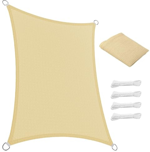 Tenda a Vela Rettangolare 100 x 410 cm Rettangolare Protezione Solare Anti UV HDPE Traspirante Tessuto Ombreggiante con Fune per Giardino, Terrazza, Piscina (Personalizzabile), Color Crema