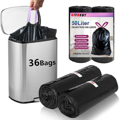 KITBEST 50L Black Bin Bags Drawstring 36PC, Recycled Plastic, Pre-separated | Thick, Easy to Tie & Carry, 50 Litre Refuse Sacks Liner for Office Kitchen Indoor Trash, Leak-Proof, Unsented, Large, 60x70cm