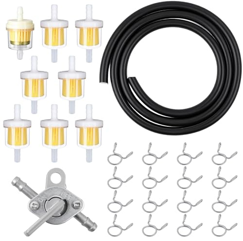 Universal Benzinschlauch Set - Inline Kraftstofffilter Set inkl Benzinfilter, Φ5mm Benzinschlauch (1 M), Schlauchschellen und Kraftstofftankschalter, Kraftstoffleitungs-Schlauch-Set für Auto Motorrad