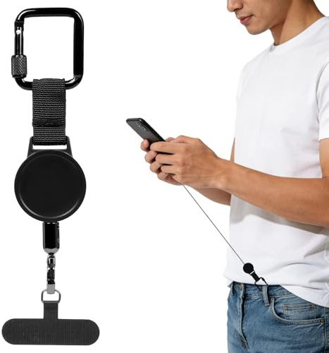 Sbshiouu Anti-Theft Retractable Tether Lanyard, Heavy Duty Steel Wire Cell Phone Strap with Locking Carabiner & 360° Rotating Metal Tab, Secure Phone Keychain for Hiking, Fishing, Travel - Black