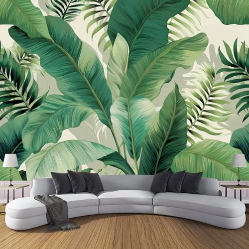 CDXNORA Papier Peint Panoramique Plantes Tropicales Soie, Feuilles De Bananier Poster Geant Mural Blanc Vert Personnalisé 3D pour Salon Chambre restaurant Enfant Décoration Murale 350×256cm