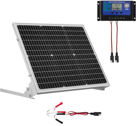 VEVOR Chargeur Batterie à Panneau Solaire 50 W 12 V, Cellules Monocristallines, Contrôleur MPPT Externe, Support de Montage Réglable, Étanchéité IP65, pour Voitures, Bateaux, Camping-cars, Remorques