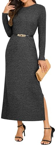 GRECERELLE Vestido maxi para mujer, cuello redondo, manga larga, de punto acanalado, informal, largo de invierno, vestido de otoño ligero con bolsillos, gris oscuro, L