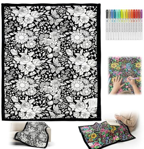 Noetopolis DIY Coloring Blanket, Coloring Blankets for Adults, Color Your Own Blankets with Watercolor Pen, Fuzzy Velvet Creative Washable Coloring Blanket (Flower + Pen)