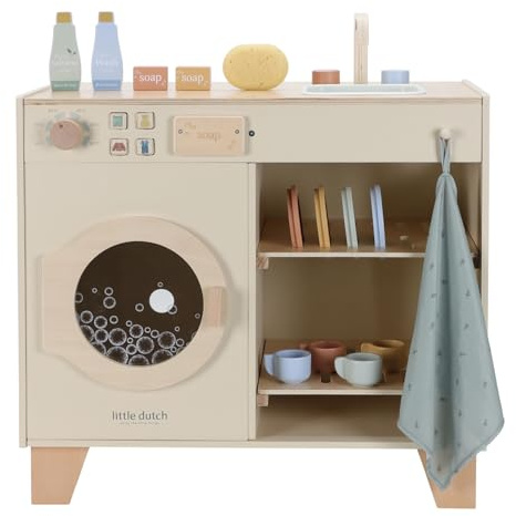 Little Dutch Barntvättmaskin av trä tvättmaskin för barn med tvättmedel, tvål, svamp, diskho, handduk och porslinsset – beige
