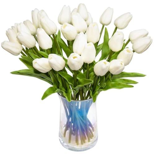 NIDONE Tulipani Artificiali Fiori Real Touch Tulipani Olanda PU Bouquet Fiori in Lattice Bianco per Feste di Matrimonio Ufficio Casa Cucina Decorazione 30 Pezzi (Bianco)
