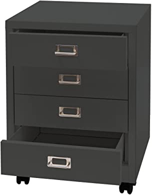 PROREGAL Rollcontainer HxBxT 55x40x41cm Metall 4 Schubladen Dunkelgrau Schubladenschrank Stahlschrank Aktenschrank