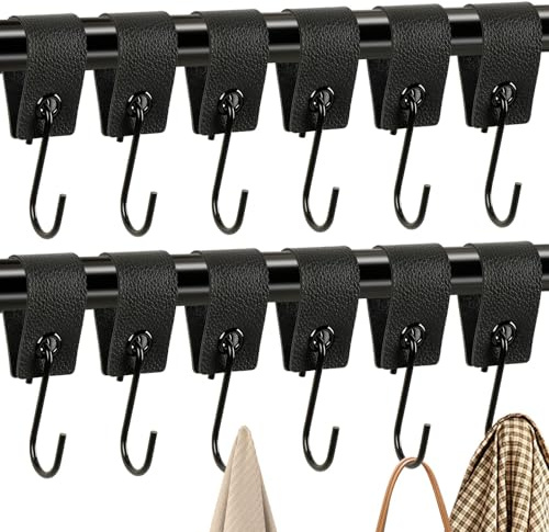 Augshy S Haken mit Lederschlaufe - 12-teiliges Set Haken zum Einhängen | 12-teiliges Komplettset Lederriemen mit 6 cm Metallhaken für Aufbewahrung, Kleiderhaken für Zuhause, Küche, Camping