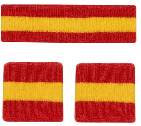 ZEBKEL 1 Kit España Diadema Muñequera 3 Piezas Diadema 5x18cm Muñequeras 8x8cm Algodón Rojo Amarillo Absorción Sudor Secado Rápido Transpirable Elástico para Baloncesto Tenis Fútbol Running Deporte