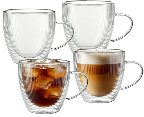 Set of 4 Double Walled Glass Mug Set, 250ml Double Walled Insulated Drinking Glass Coffee Mugs with Handle, Insulated Layer Coffee Cups, Clear Glass Mugs for Latte, Cappuccinos, Tea Bag, Juice