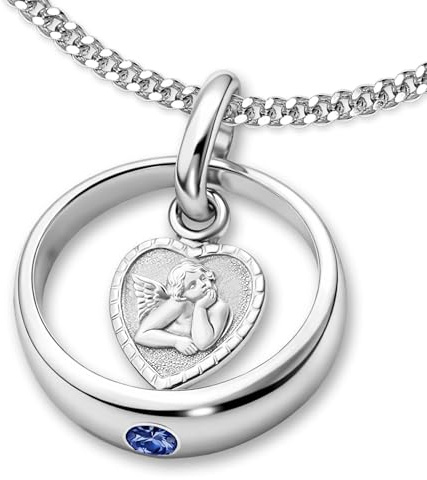 CLEVER SCHMUCK Taufkette mit Taufring Stein safirblau und Schutzengel herzförmig Kette Panzer 36 cm 925 Sterling Silber Kinder Taufgeschenk
