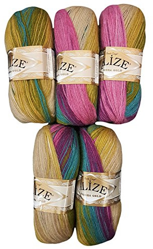 5 x 100 g Alize Strickwolle mehrfarbig mit Farbverlauf, 500 Gramm Strickgarn mit 20% Wolle-Anteil (beere flieder ocker u.a. 4341)